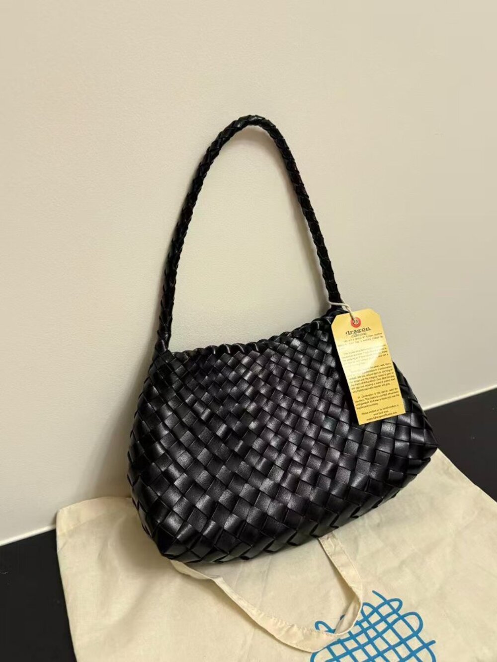 Dragon Diffusion Woven Leather Shoulder Bag Black Handcrafted Braided Tote